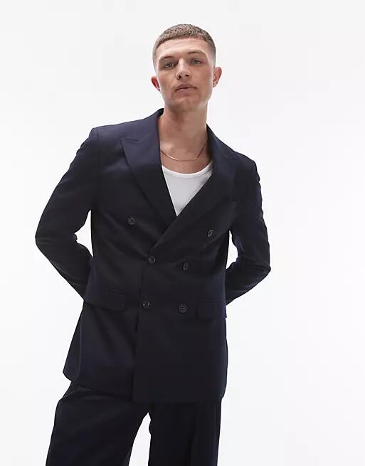 Topman double breasted linen blend mix slim suit jacket in navy Cover