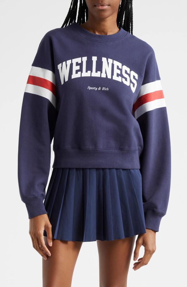 Sporty & Rich Wellness Rugby Stripe Cotton Graphic Sweatshirt in Navy Cover