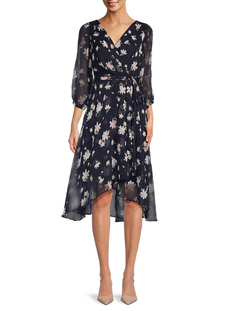 DKNY Women's Floral Midi Faux Wrap Dress - Navy Blush Cover