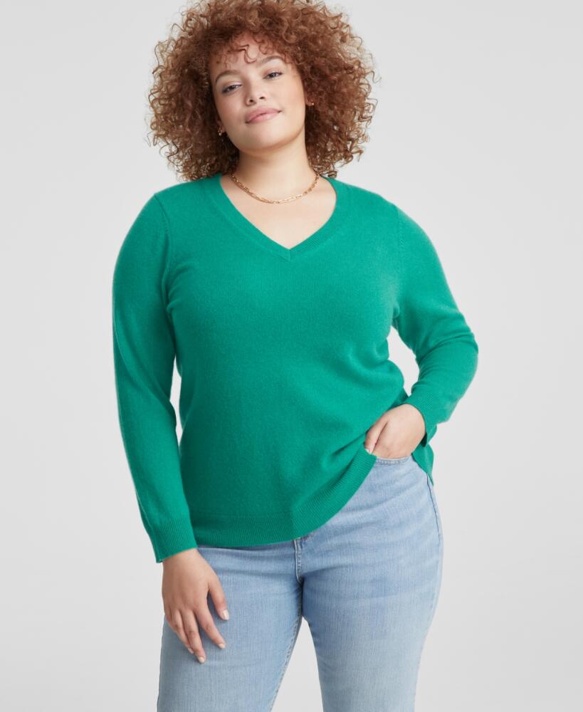 Charter Club Plus Size 100% Cashmere V-Neck Sweater, Created for Macy's - Peacock Green Cover