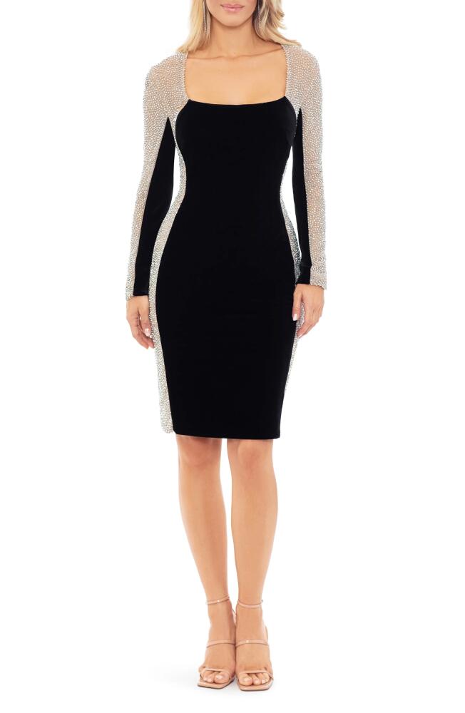 Xscape Evenings Caviar Beaded Long Sleeve Velvet Body-Con Dress in Black/Silver Cover