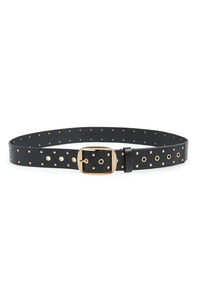 AllSaints Pyramid Stud & Eyelet Leather Belt in Black /Warm Brass Cover