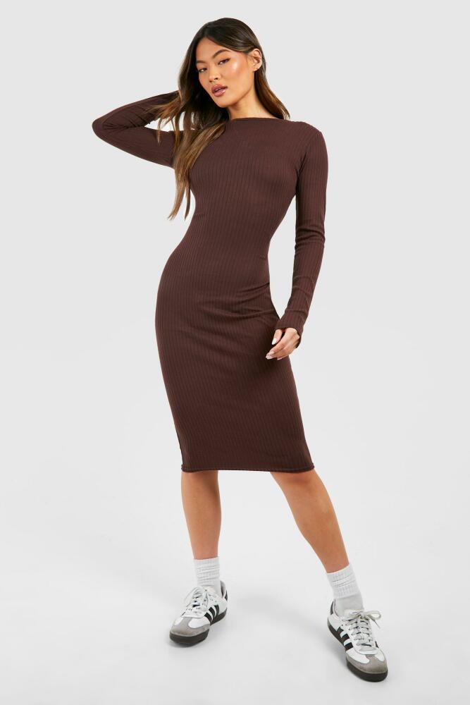 boohoo Womens Soft Rib Long Sleeve Bodycon Midi Dress - Brown Cover