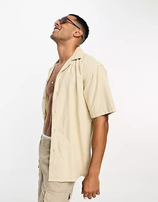 Pull & Bear linen camp collar shirt in sand-Neutral Cover