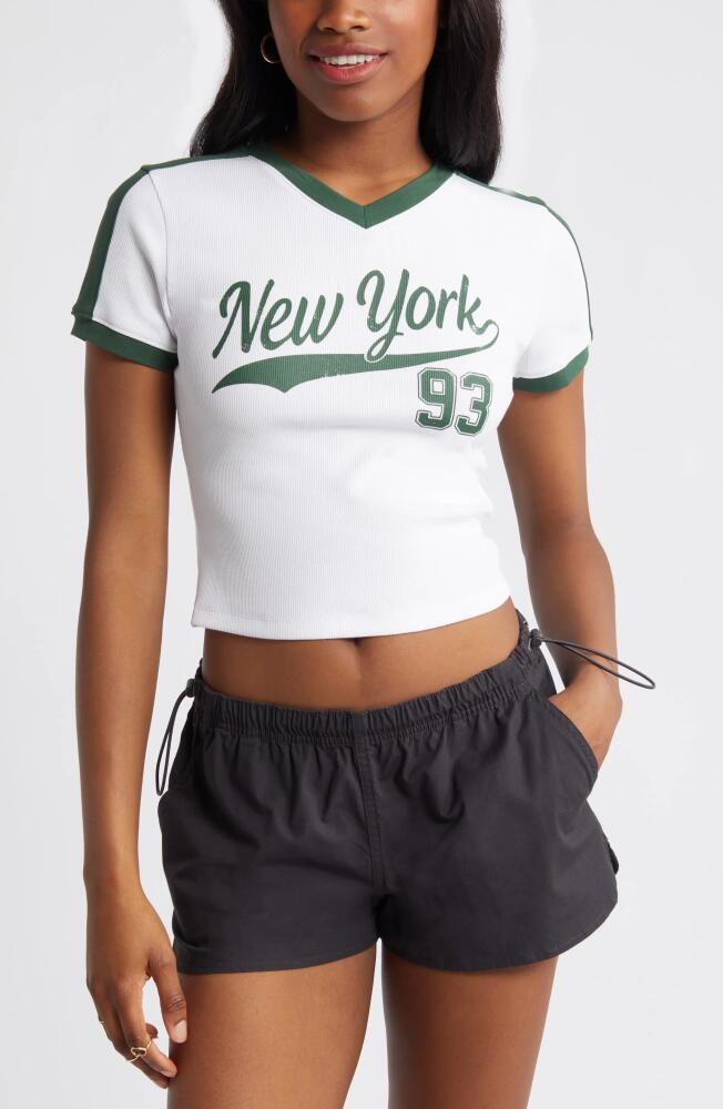 BP. Varsity V-Neck Graphic T-Shirt in White Blanc New York Cover