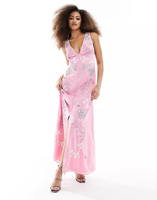 Maya v neck embellished maxi dress in pink Cover