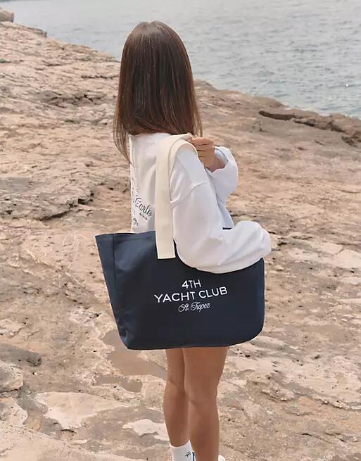 4th & Reckless x Luana Barron jean yacht club embroidery beach bag in navy Cover