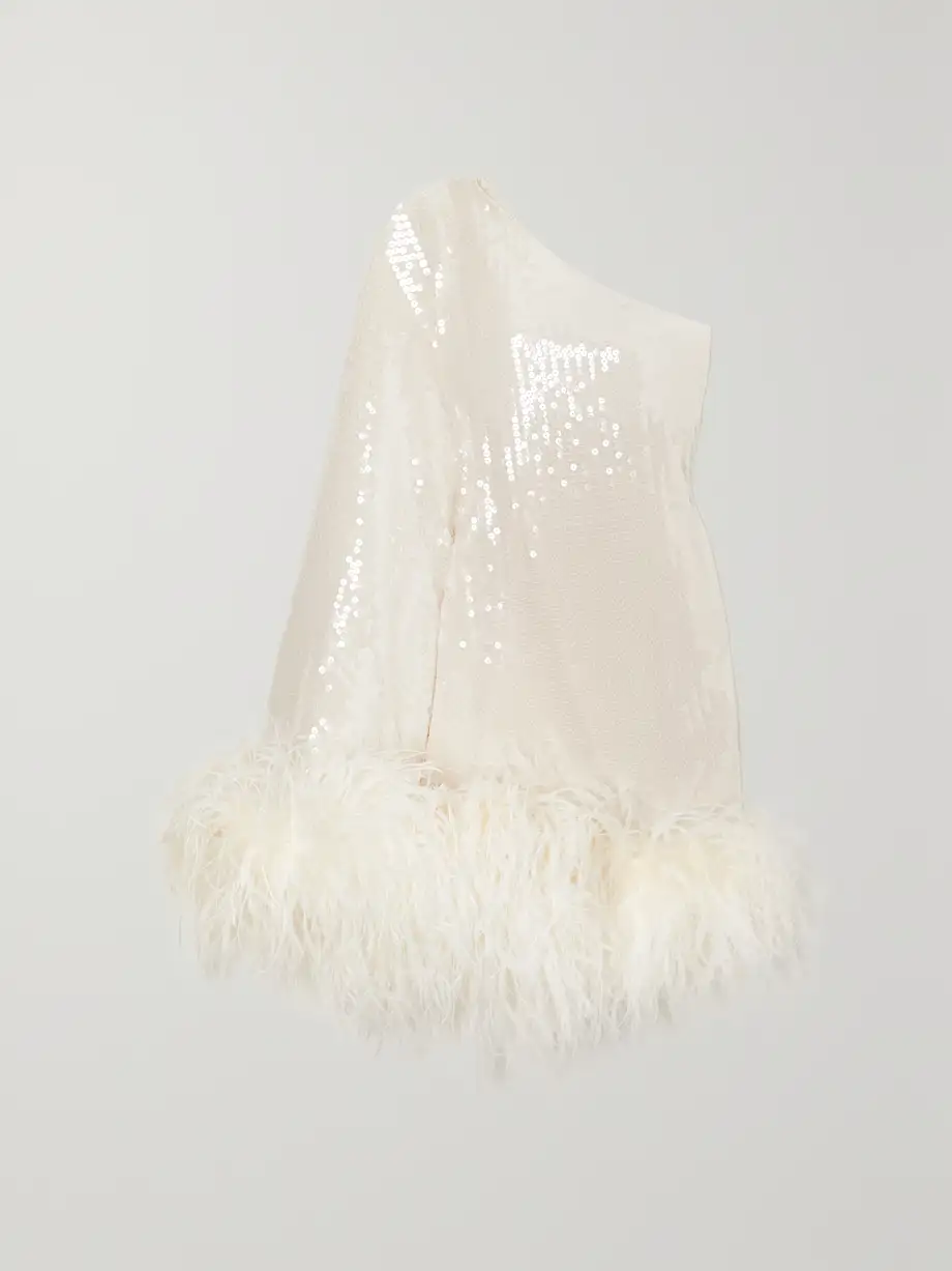 Taller Marmo - Piccolo Ubud One-shoulder Feather-trimmed Sequined Chiffon Dress - Ivory Cover