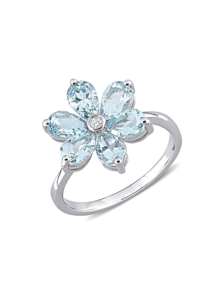 Sonatina Women's 14K White Gold, Aquamarine & Diamond Flower Ring Cover