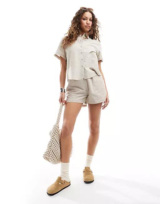 Monki drawstring waist linen shorts in beige - part of a set-Neutral Cover