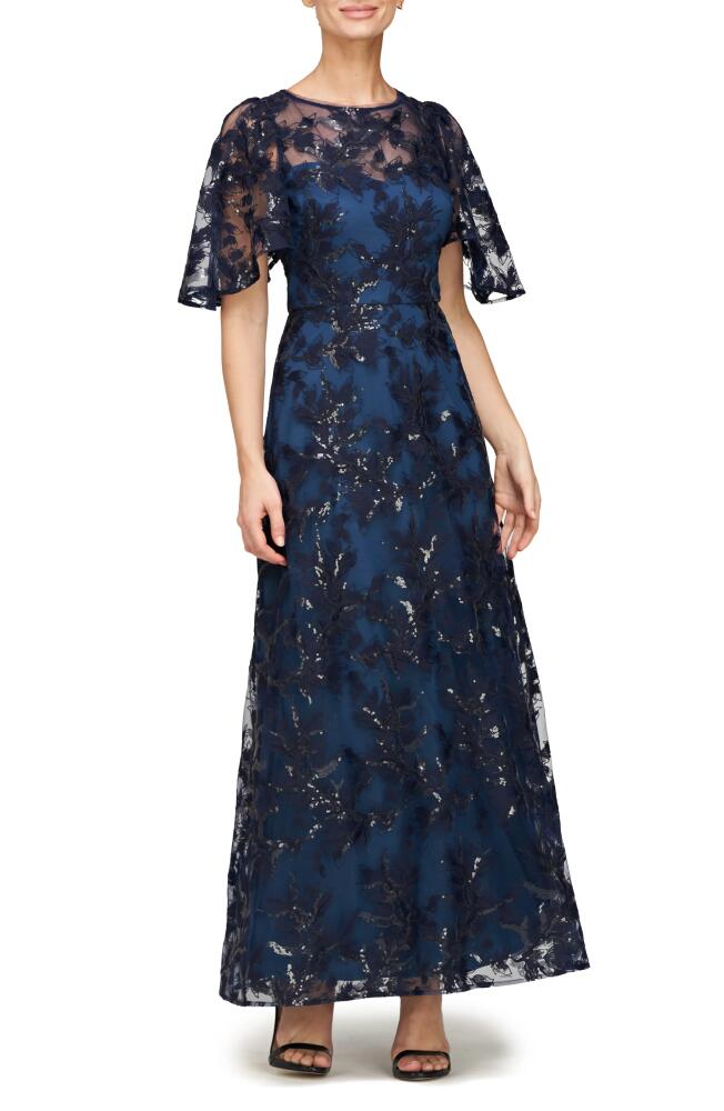 JS Collections Eveline Sequin Floral Overlay Gown in Deep Navy/Teal Cover