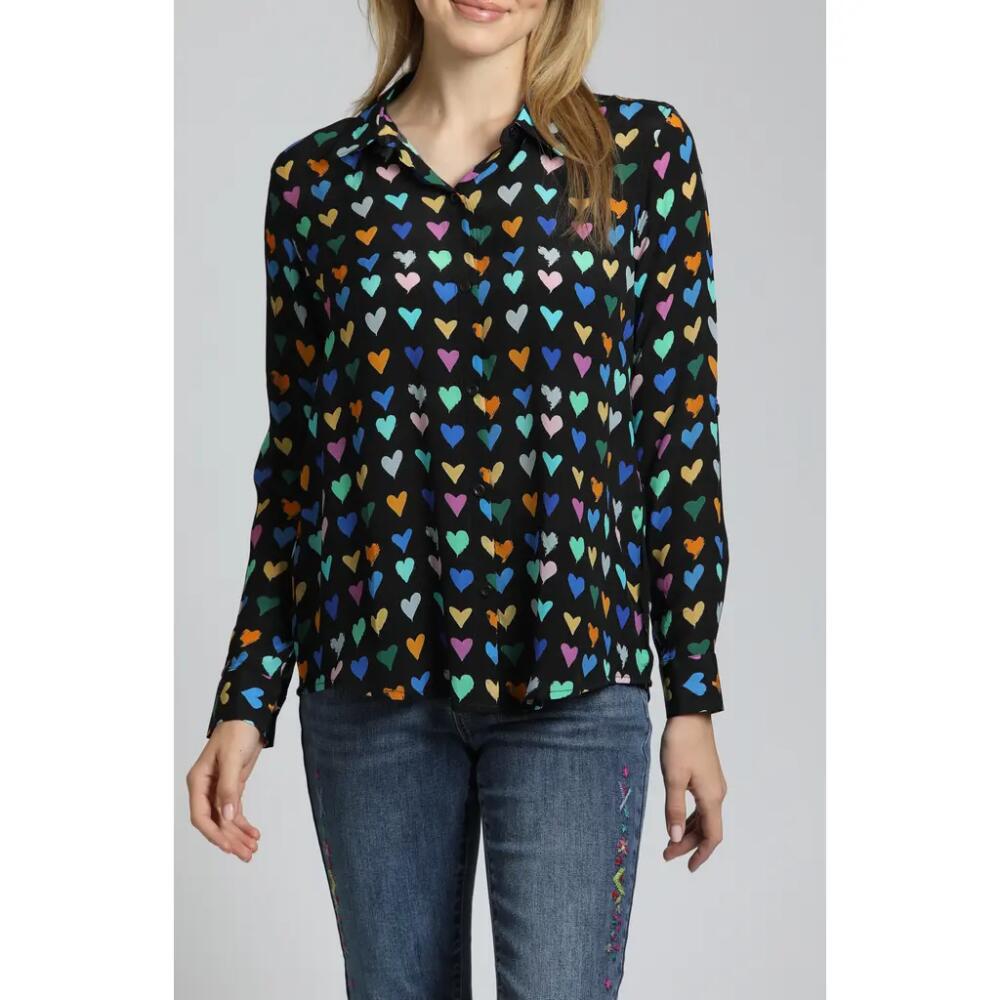 APNY Heart Print Button-Up Shirt in Black Multi Cover