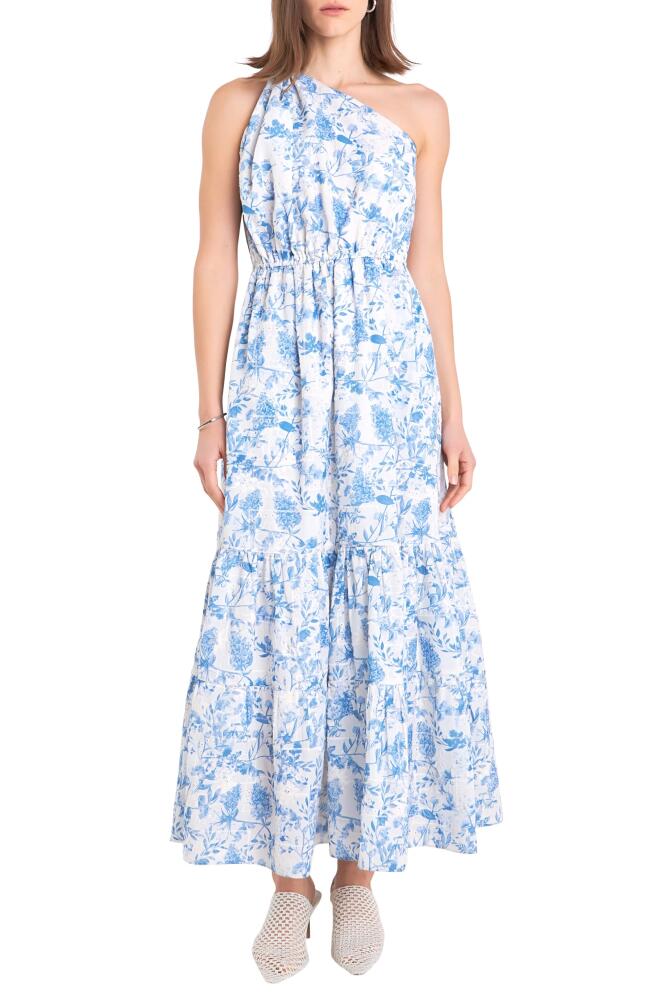 English Factory Floral Print One-Shoulder Dress in Blue/Off White Cover