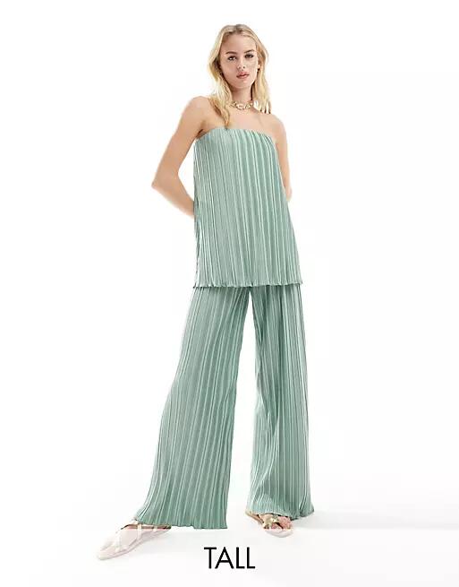 4th & Reckless Tall exclusive pleated wide leg pants in sage - part of a set-Black Cover