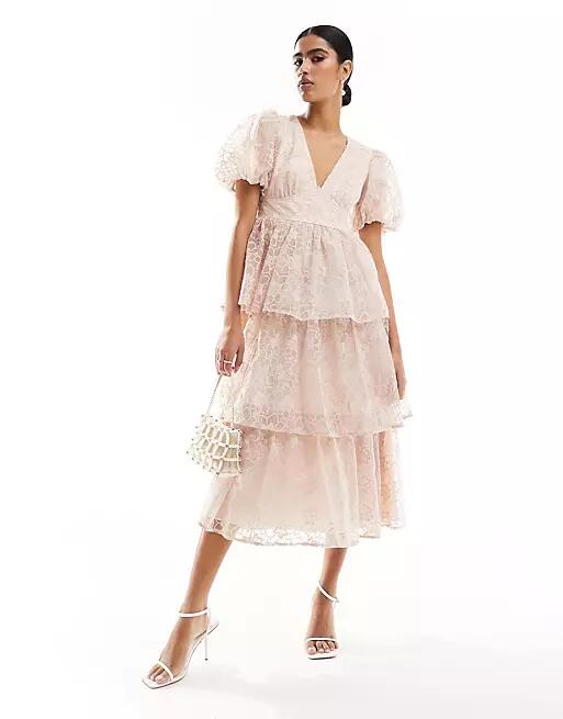 Maya organza midi dress with puff sleeves in pink Cover