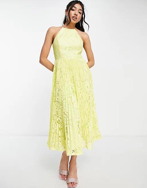 ASOS DESIGN pleated lace midi prom dress in yellow Cover