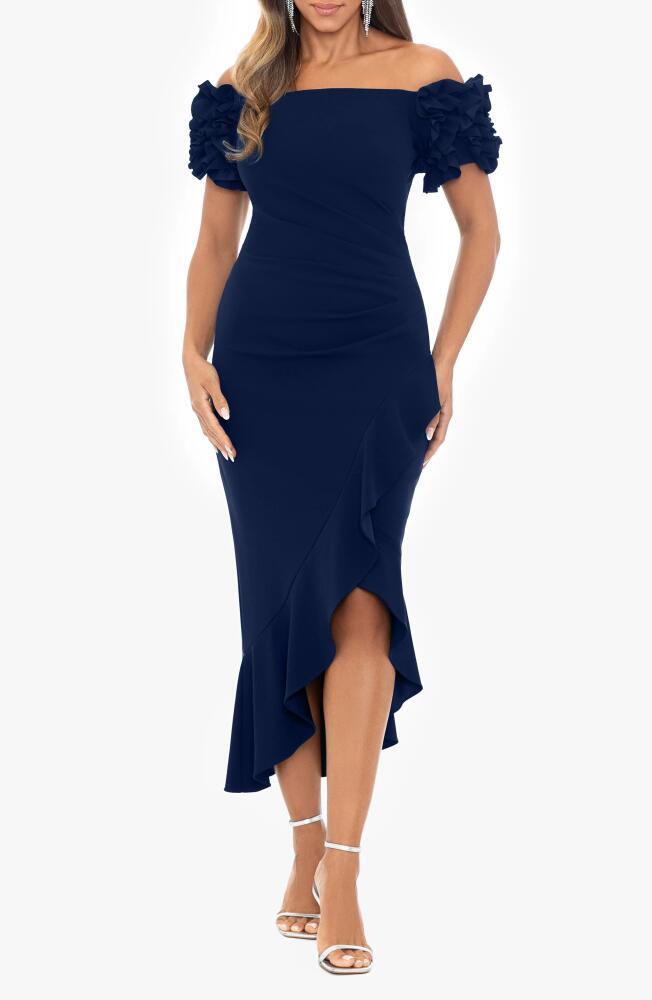 Xscape Evenings Ruffle Off the Shoulder Midi Cocktail Dress in Navy Cover