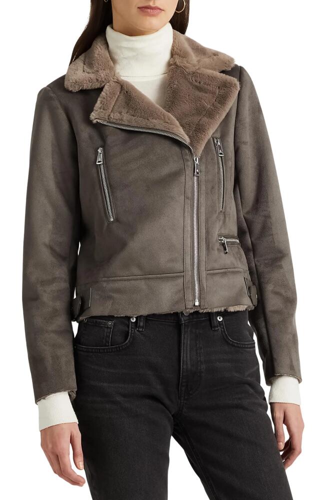 Lauren Ralph Lauren Buckle Detail Faux Shearling Moto Jacket in Grey Cover