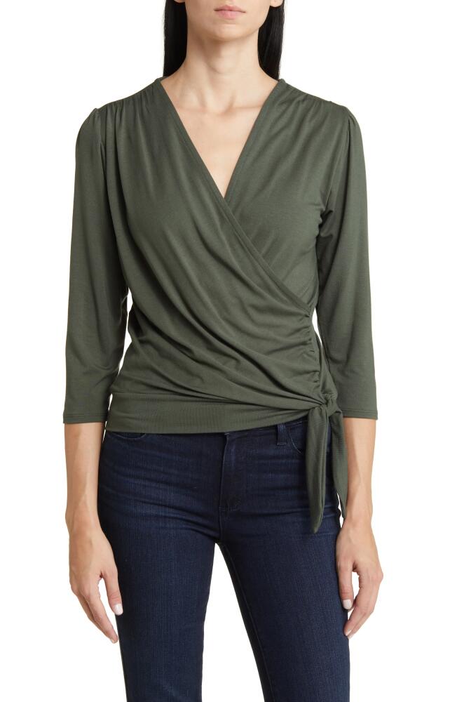 Loveappella Faux Tie Wrap Top in Olive Cover