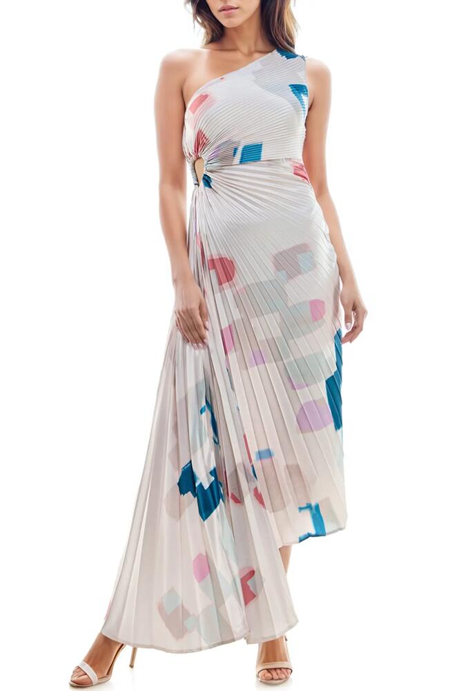 Socialite Print Asymmetric Hem Pleated Maxi Dress in Cream Geo Print Cover