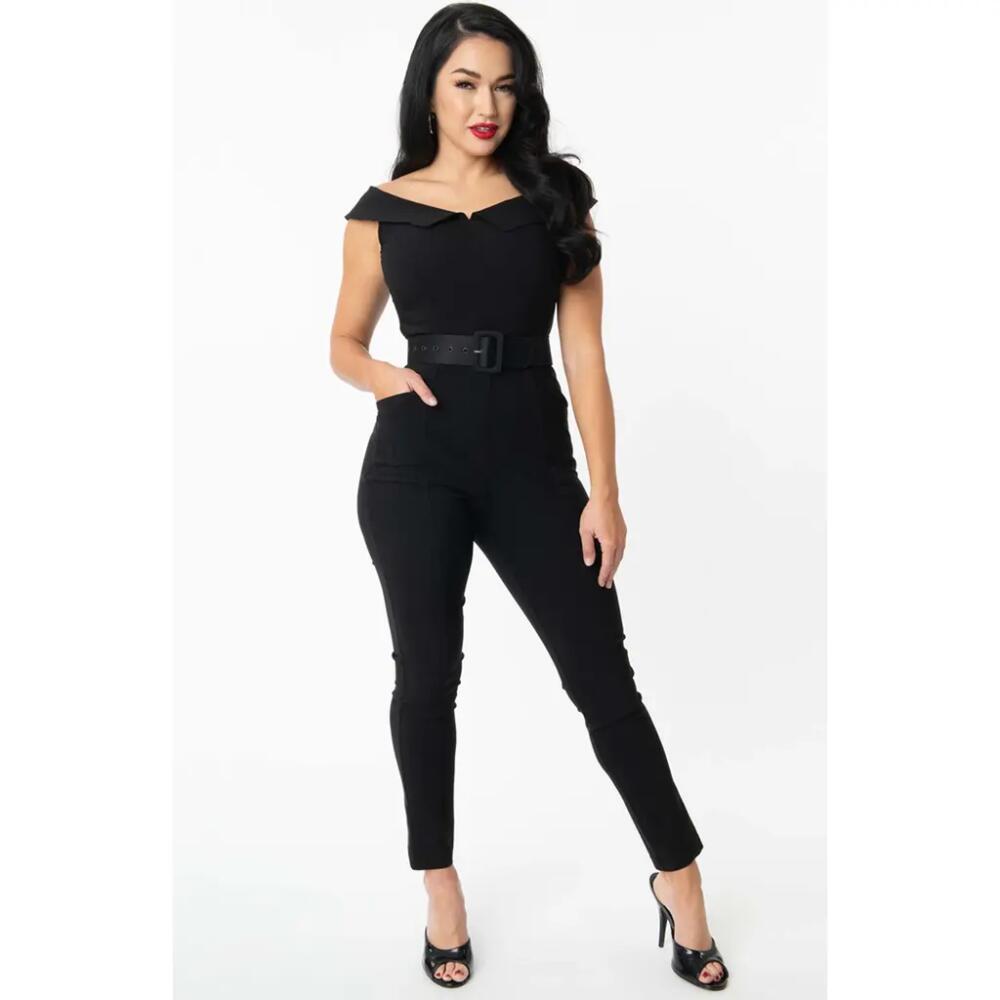 Unique Vintage Off Shoulder Gillian Jumpsuit in Black Cover