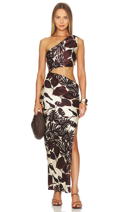 NICHOLAS Raya One Shoulder Asymmetrical Gown in Chocolate Cover