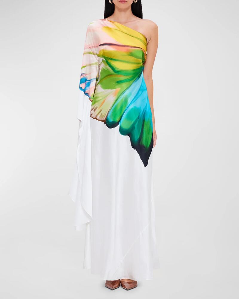 LEO LIN Mei One-Shoulder Butterfly-Print Gown Cover