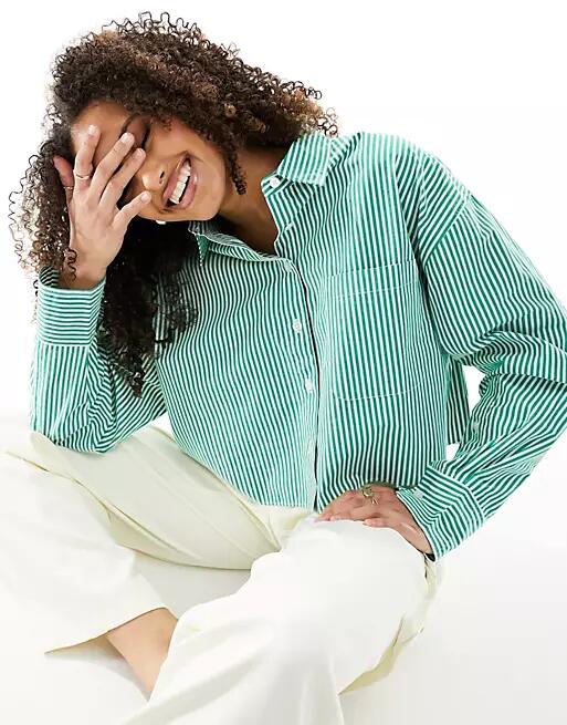 French Connection Alissa cropped shirt in green and cream stripes-Multi Cover