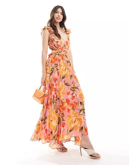 Ever New cut-out plisse maxi dress in orange and pink floral-Multi Cover