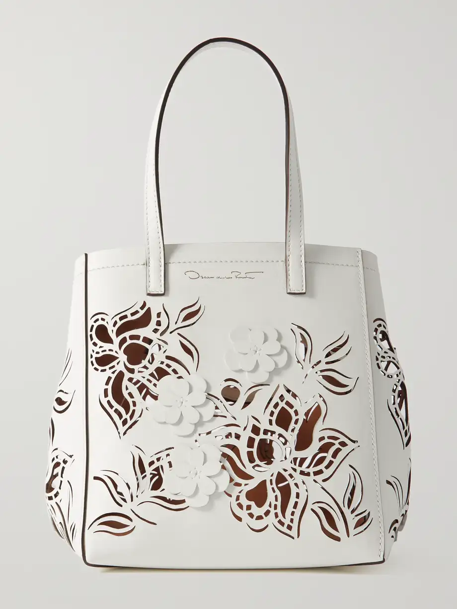 Oscar de la Renta - Small Appliquéd Laser-cut Leather Tote - Ivory Cover