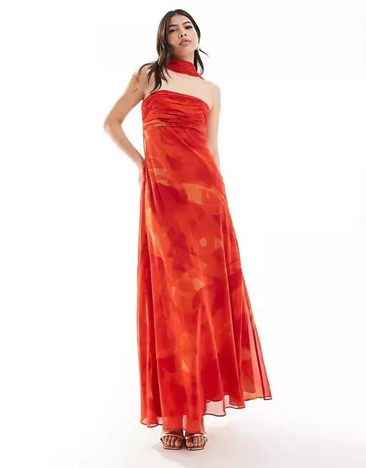 Ever New bandeau maxi dress with neck tie in red floral Cover