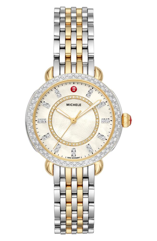 MICHELE Sidney Classic Diamond Bracelet Watch, 33mm in Silver/White Mop/Gold Cover