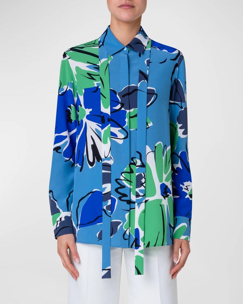 Akris Sketched Abraham Flower-Print Neck-Tie Silk Crepe Shirt Cover