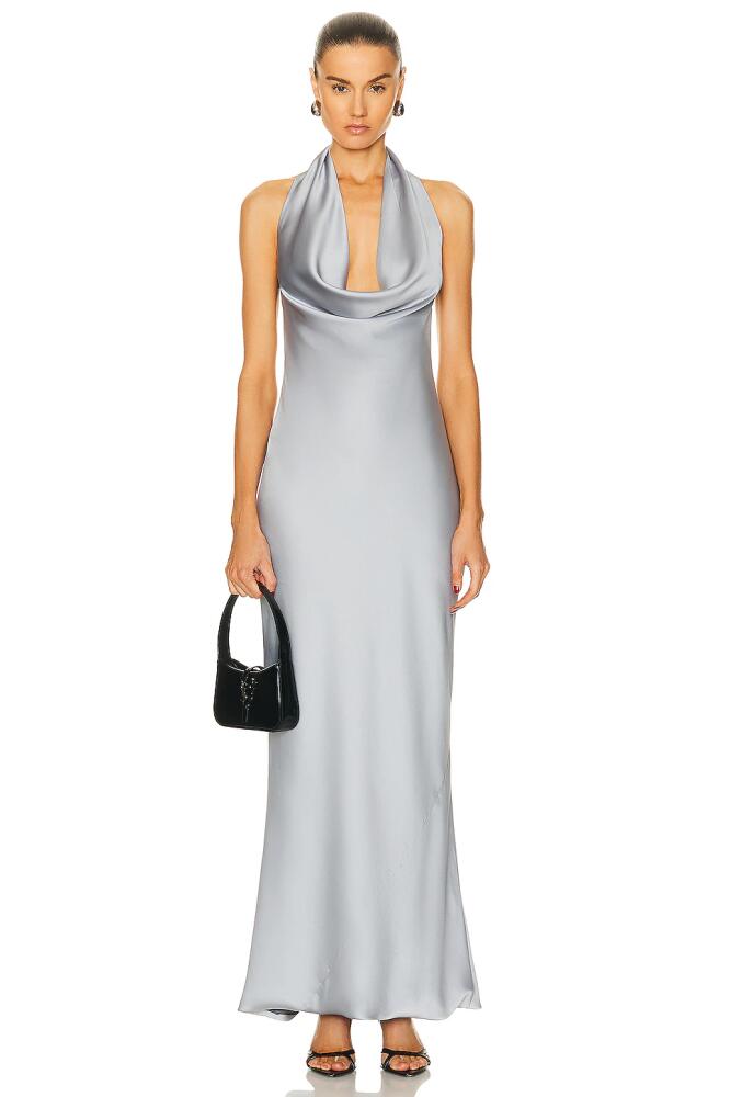 Norma Kamali Halter Drape Bias Gown in Metallic Silver Cover