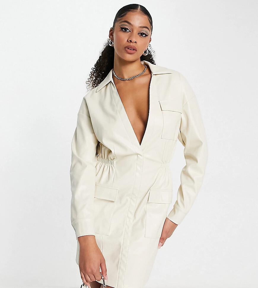 Simmi Tall relaxed plunge front blazer shirt dress in cream-White Cover