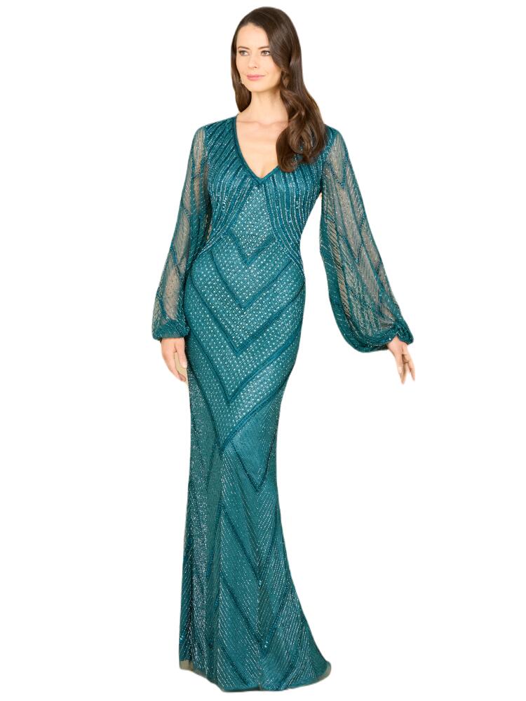 LARA New York Long Sleeve Beaded Dress with Sheer Sleeves in Teal Cover