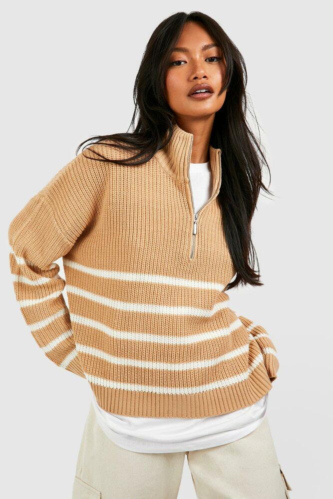 boohoo Womens Half Zip Stripe Sweater - Brown Cover