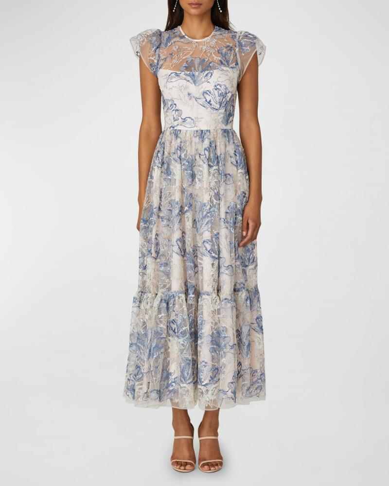 Shoshanna Cap-Sleeve Sequin Floral-Embroidered Maxi Dress Cover