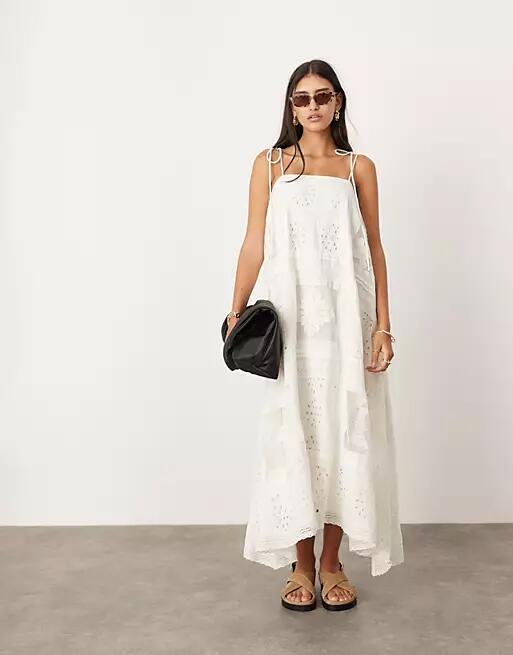 ASOS EDITION embroidered cami handkerchief hem midi dress in white Cover