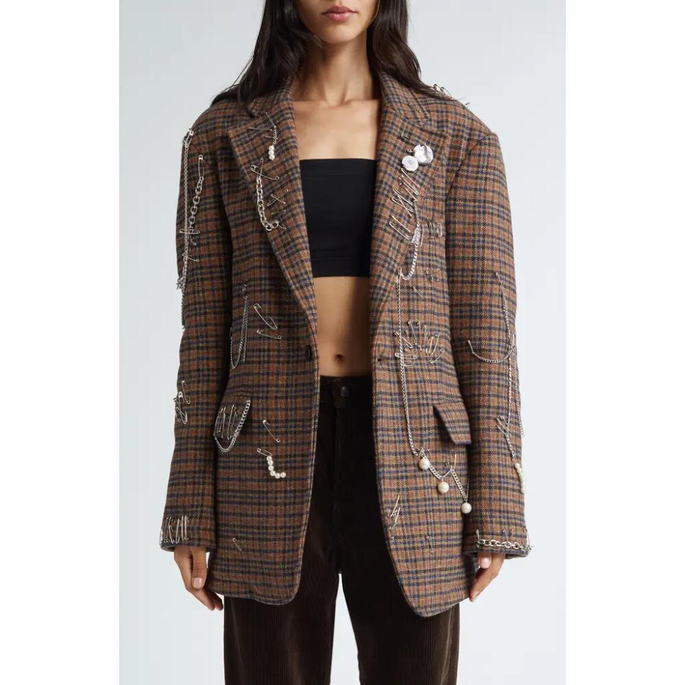 R13 Pinchushion Plaid Embellished Blazer in Brown Plaid Cover