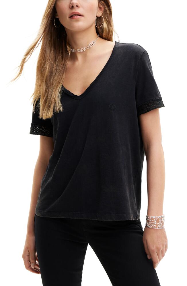 Desigual Openwork V-Neck T-Shirt in Black Cover