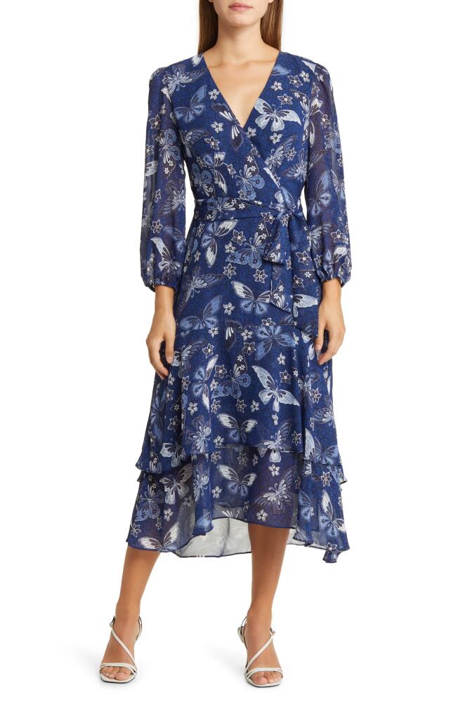 Eliza J Floral Long Sleeve Faux Wrap Midi Dress in Navy Cover