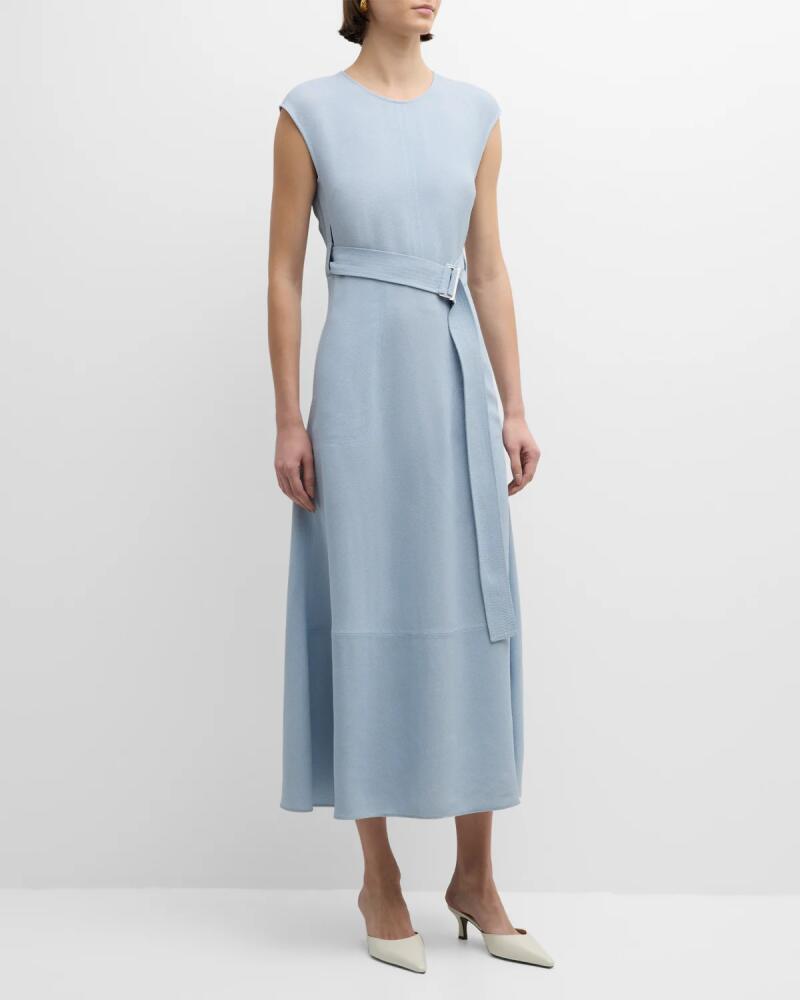 St. John Cap-Sleeve Belted Italian Light Weight Textured Crepe Midi Dress Cover