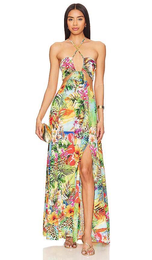 Luli Fama Birds Of Paradise Bandeau Cut Out Front Slit Dress in Green Cover