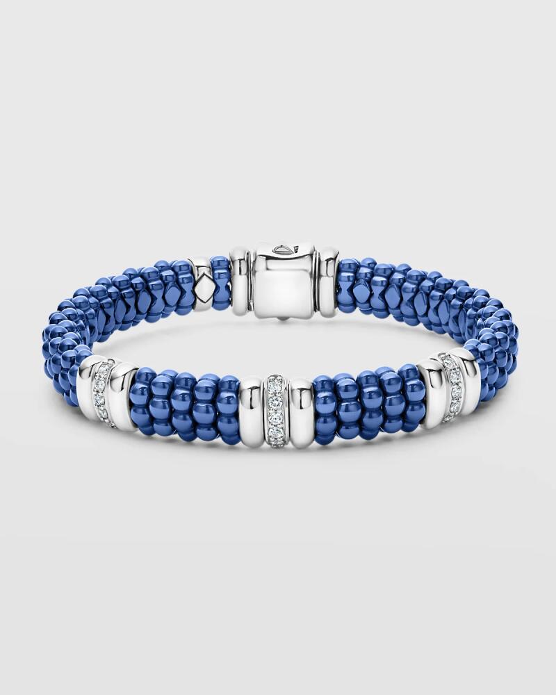 LAGOS Blue Caviar Ultramarine Ceramic 3-Stations with 1-Diamond Row 9mm Rope Bracelet Cover