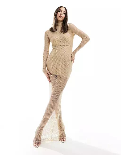 Heiress Beverly Hills exclusive premium all over diamante mesh detail long sleeve maxi dress in beige-Neutral Cover