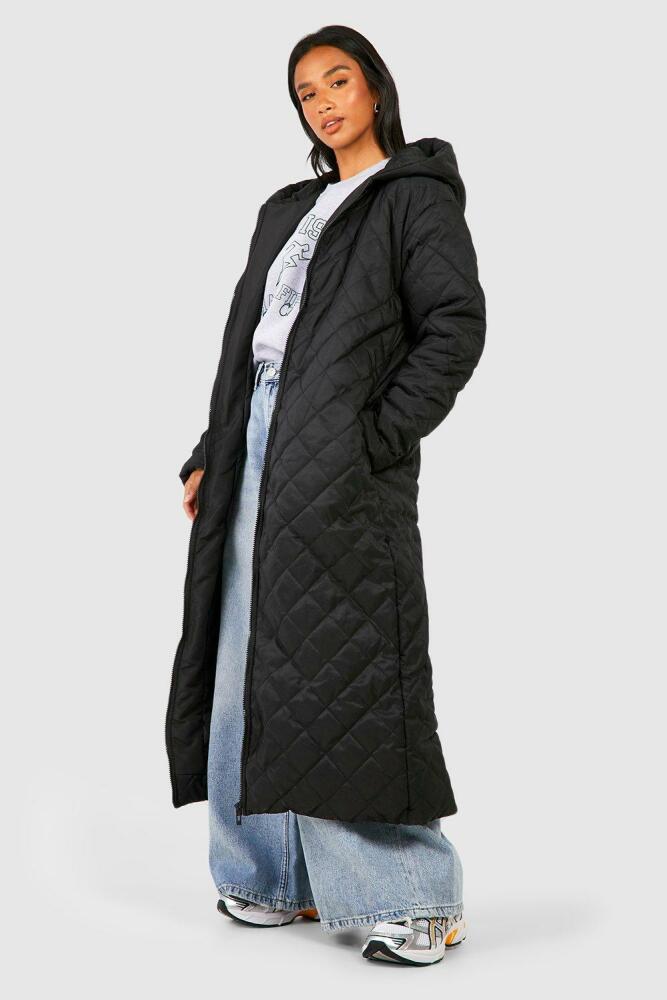 boohoo Womens Petite Diamond Quilted Hooded Maxi Puffer Jacket - Black Cover