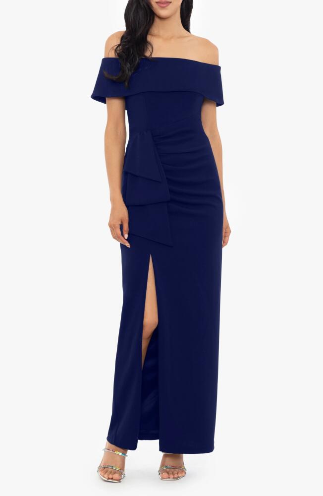 Xscape Evenings Ruched Off the Shoulder Crepe Gown in Navy Cover