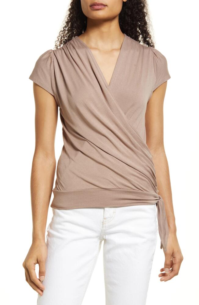 Loveappella Faux Wrap Top in Mushroom Cover