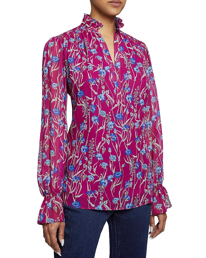 Santorelli Floral Print Smocked Shoulder Blouse Cover